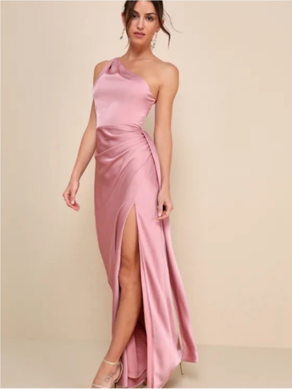 New Lulus Signature Elegance One-Shoulder Pink Satin Evening Dress Sz Small